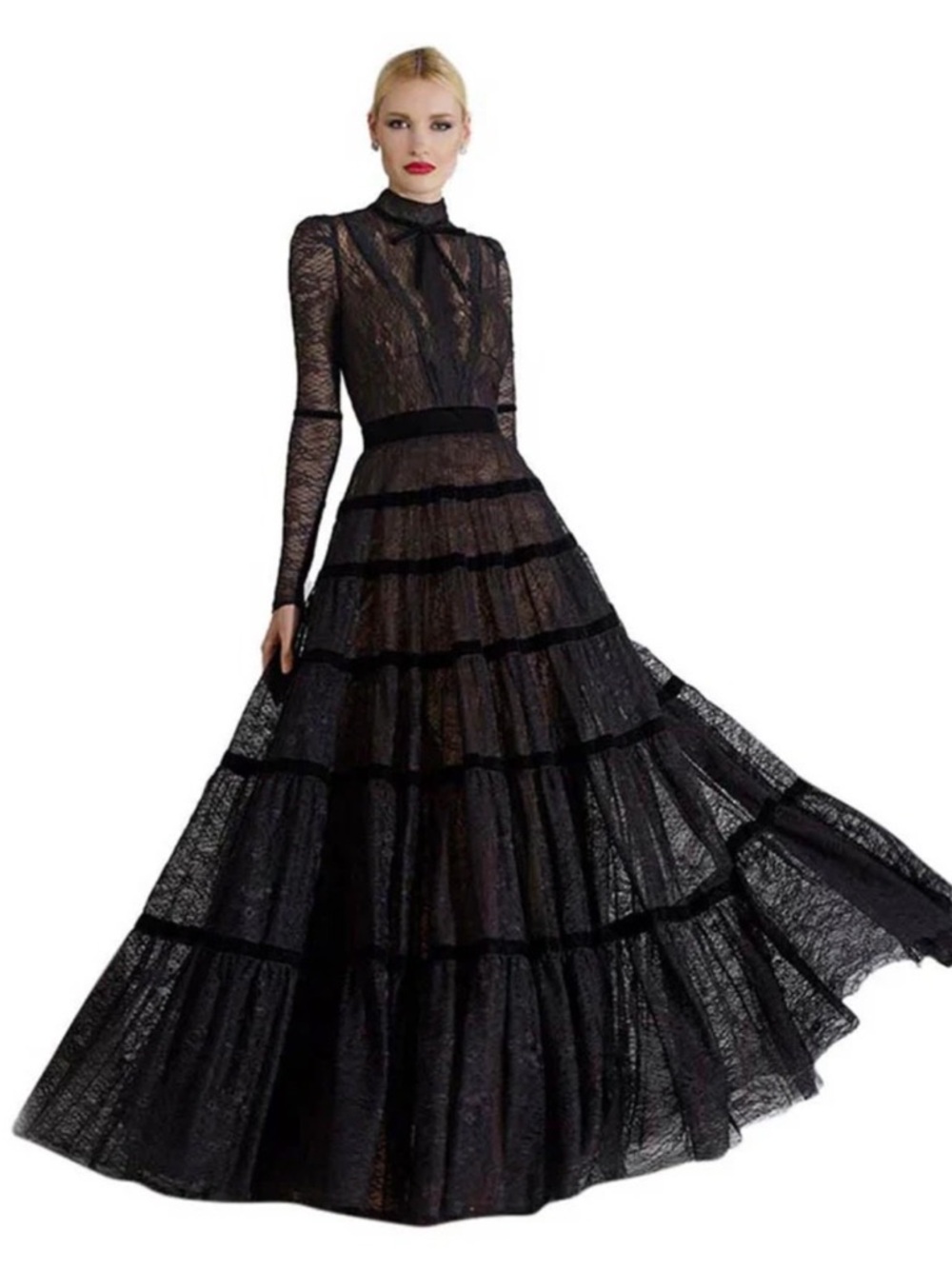 KOS Couture Long Sleeve High Neck Lace Maxi Dress Black Sz 10 NWT